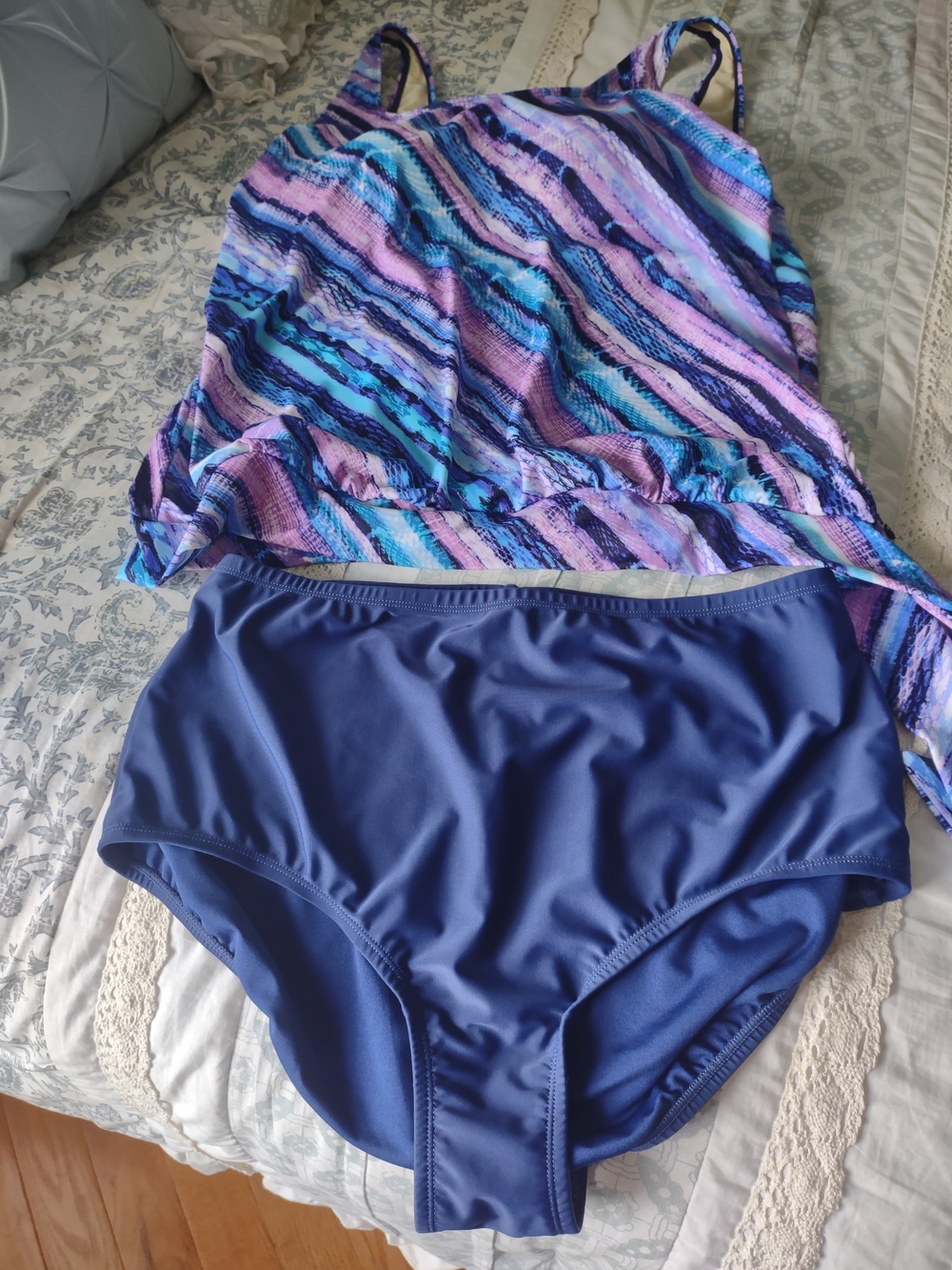 Striped Purple & Blue Tankini Top with Solid Navy Bottoms
